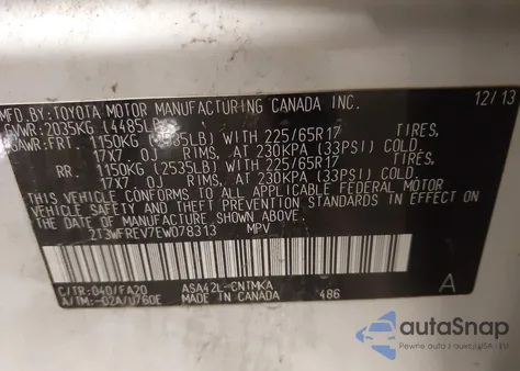 2014 Toyota Rav4 Xle из США, поврежденный, VIN 2T3WFREV7EW078313